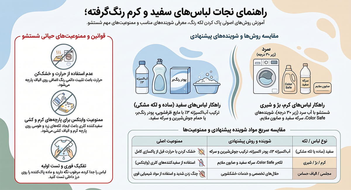 لباس رنگ گرفته را چطور پاک کنیم؟ آموزش قدمبهقدم + (ترکیبات معجزهگر خانگی برای بازگشت رنگ) 4 راهنمای پاک کردن لباس های رنگ گرفته